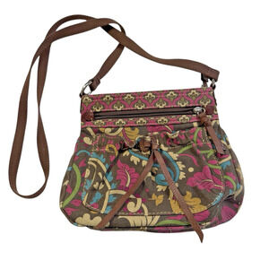 Fossil Boho Hippie Crossbody Shoulder Bag Flowers Canvas Purse‎ Zip Brown Purple